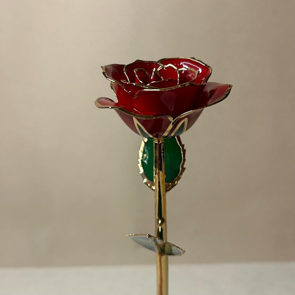 Vintage 24K Gold Trimmed Red Lacquer Preserved Real Rose Long Stem 11"